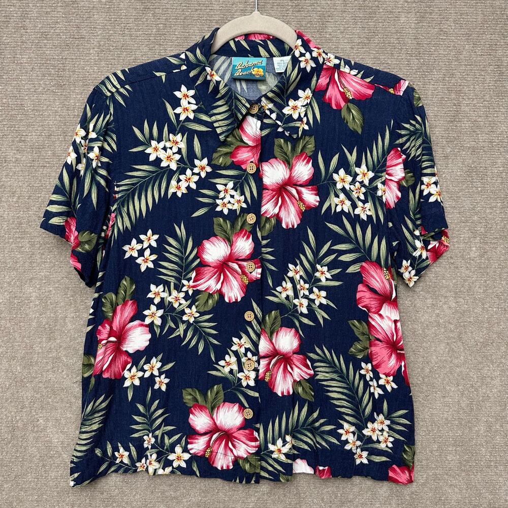 Bahama Beach Button Down Blouse Vibrant Tropical Hibiscus Floral Print Navy Blue